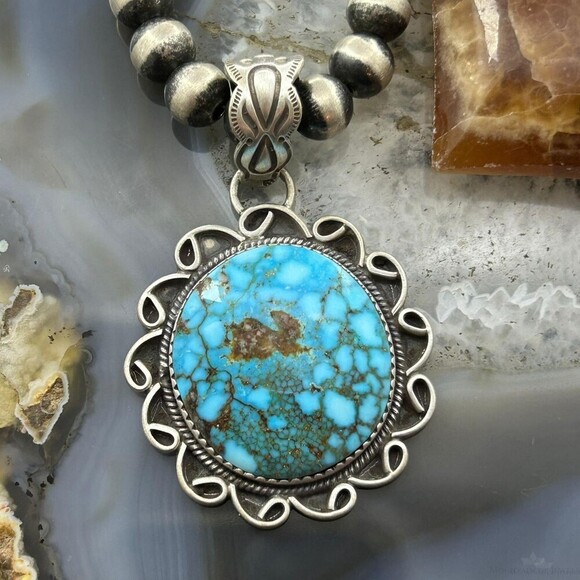Sterling Silver Southwestern Style Round High Grade Kingman Turquoise Pendant - Picture 1 of 10